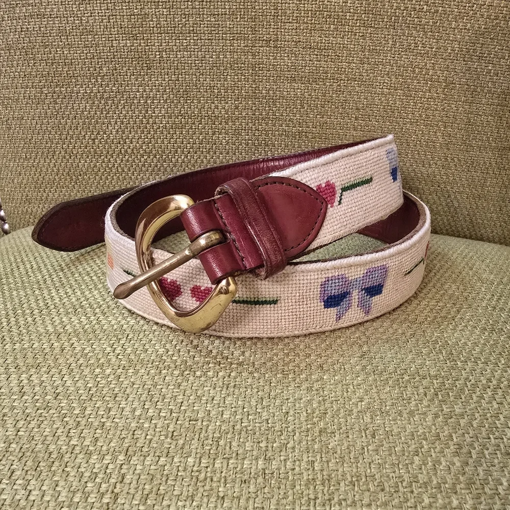 Vintage Bows & Hearts Handmade Needlepoint Leather Belt
